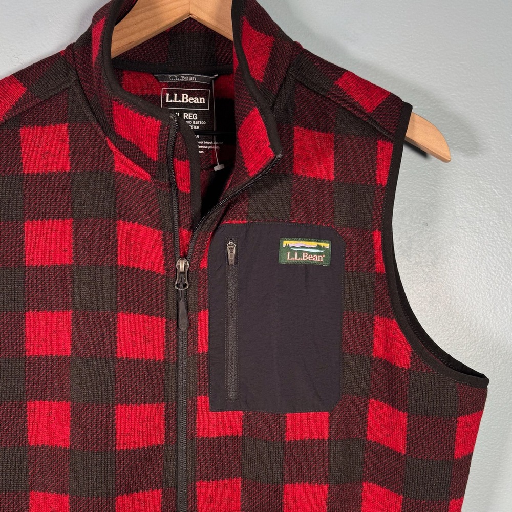 LL Bean Hike Fleece Sweater Vest Womens XL Red Black Buffalo Check Full Zip Logo